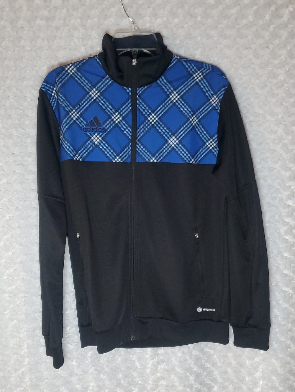 adidas Men’s Black & Blue Zip-Up Track Jacket with Plaid Yoke
